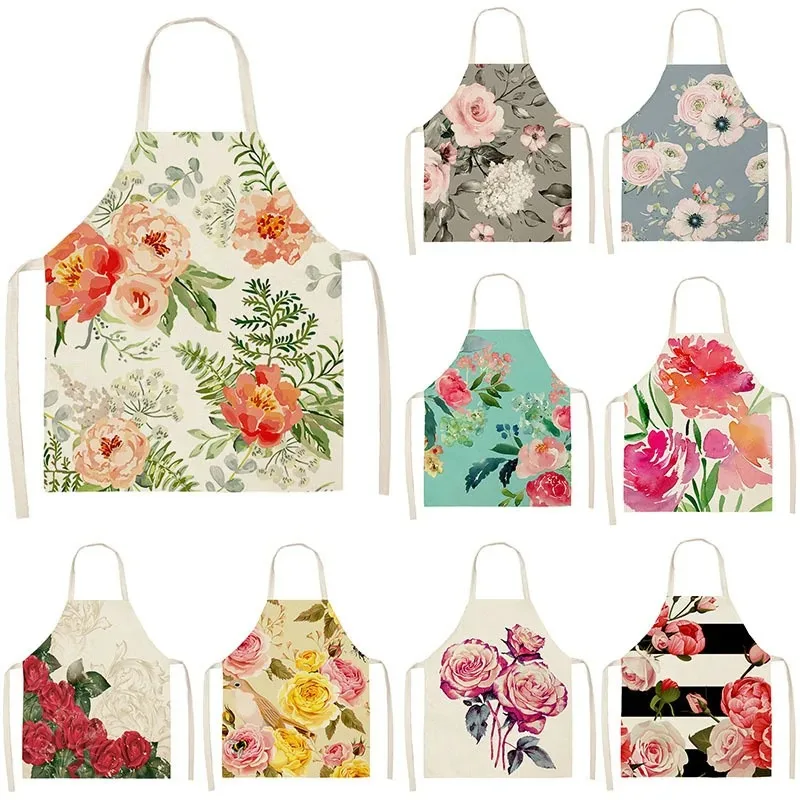 Linum Home Textiles - 모란 꽃 리넨 앞치마 주방 밀크티