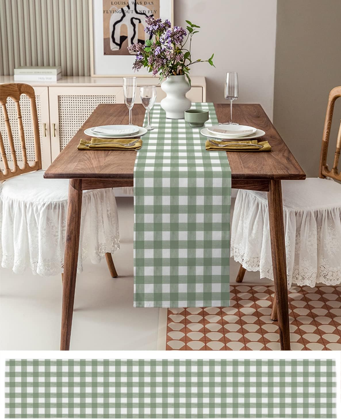 녹색 버팔로 격자 무늬 리넨 테이블 러너 드레스 스카프 - Linum Home Textiles 리뷰 및 가격