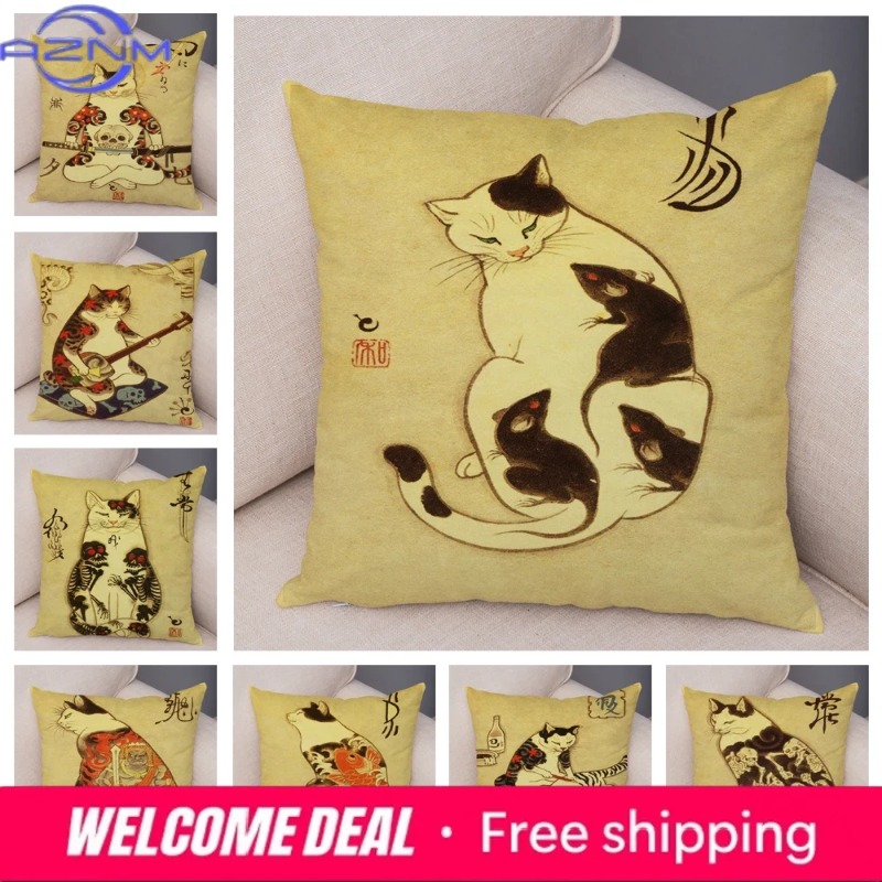 빈티지 일본 사무라이 고양이 문신 쿠션 커버 장식 레트 - Japanese Home Textiles 리뷰 및 가격