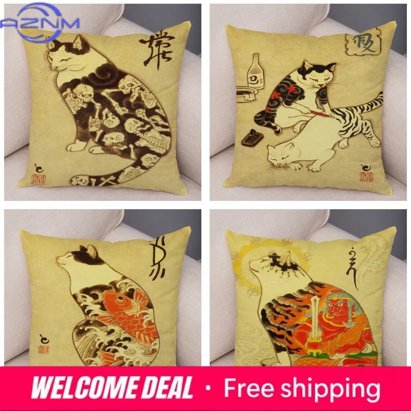 빈티지 일본 사무라이 고양이 문신 쿠션 커버 장식 레트 - Japanese Home Textiles 리뷰 및 가격