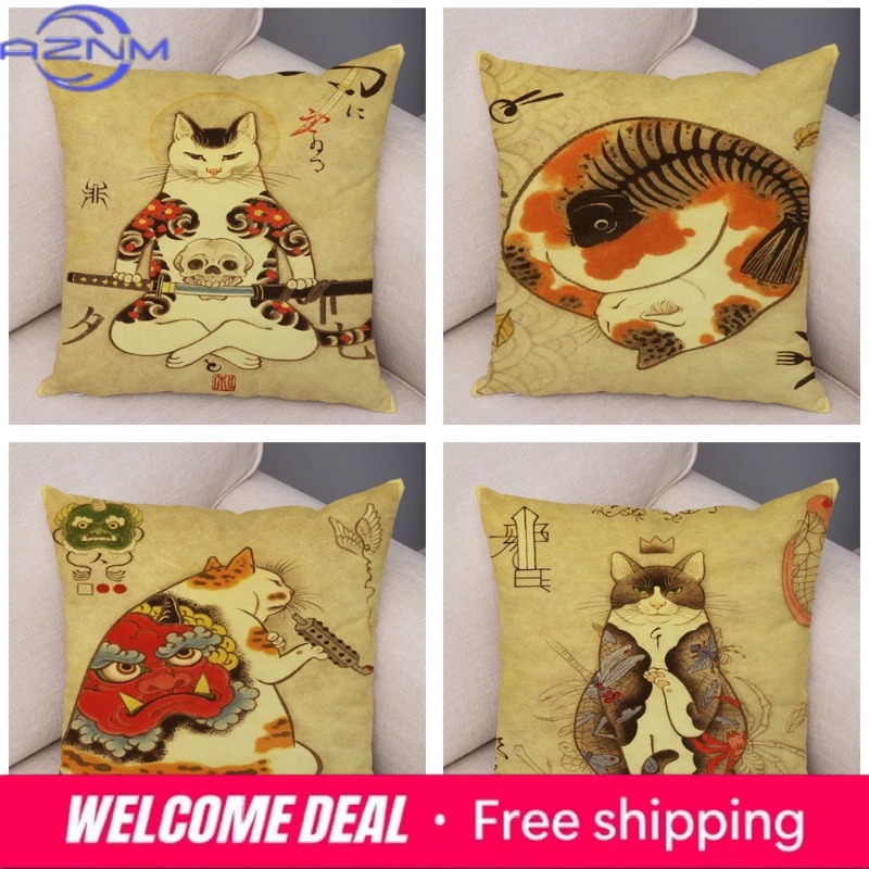 빈티지 일본 사무라이 고양이 문신 쿠션 커버 장식 레트 - Japanese Home Textiles 리뷰 및 가격