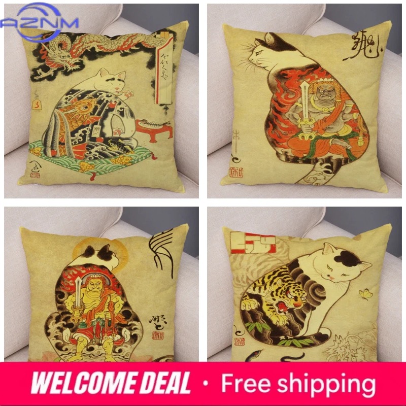빈티지 일본 사무라이 고양이 문신 쿠션 커버 장식 레트 - Japanese Home Textiles 리뷰 및 가격